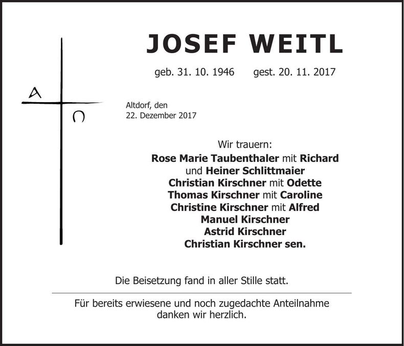 Traueranzeige Josef Weitl