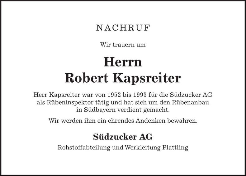 Traueranzeige Robert Kapsreiter
