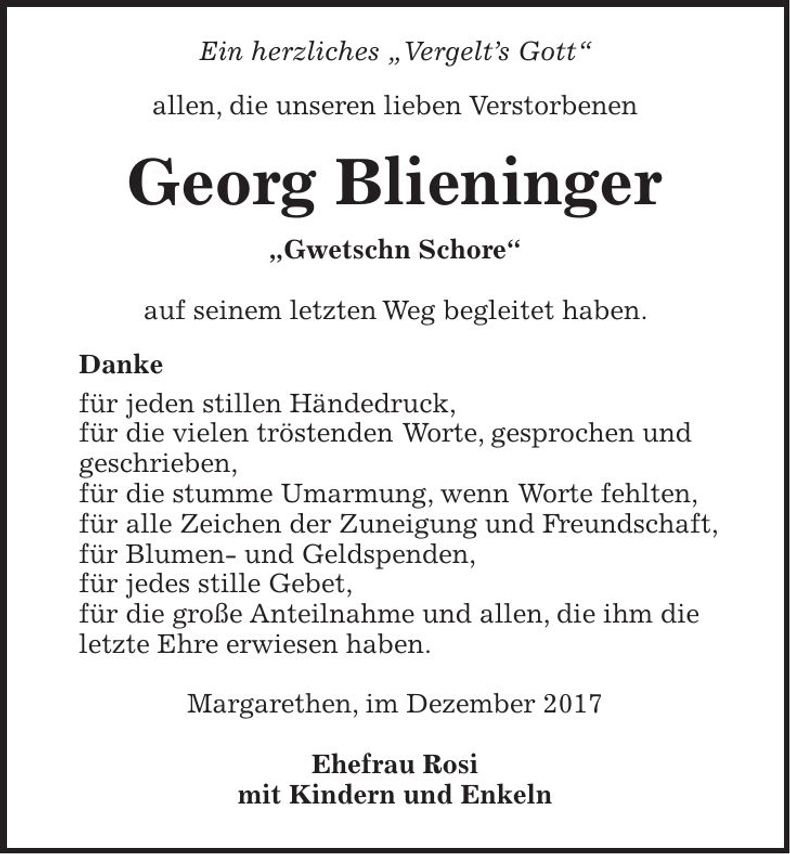 Traueranzeige Georg Blieninger