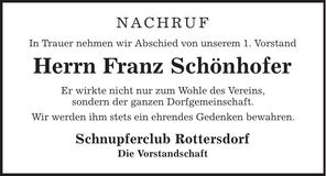 Traueranzeige Franz Schönhofer