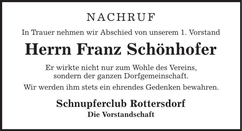 Traueranzeige Franz Schönhofer