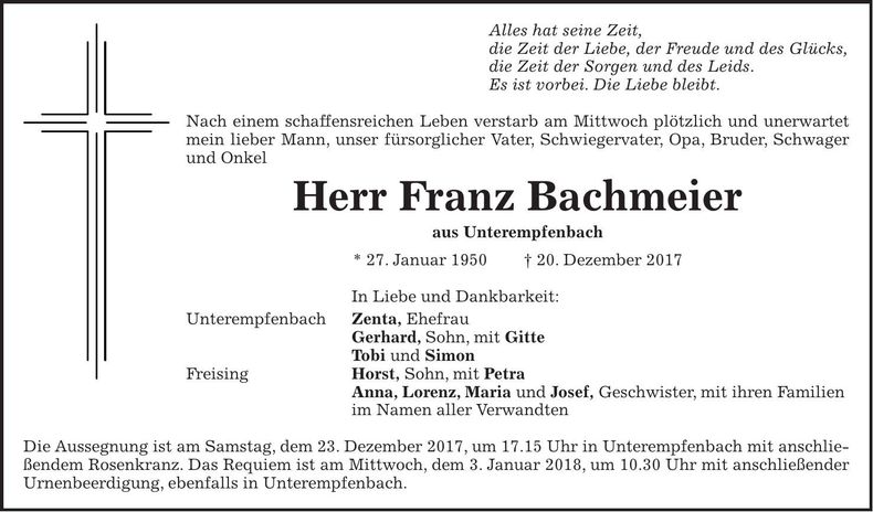 Traueranzeige Franz Bachmeier