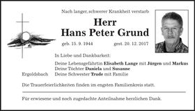 Traueranzeige Hans Peter Grund