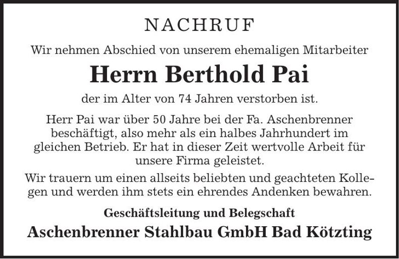 Traueranzeige Berthold Pai