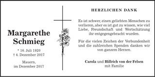 Traueranzeige Margarethe Schmieg