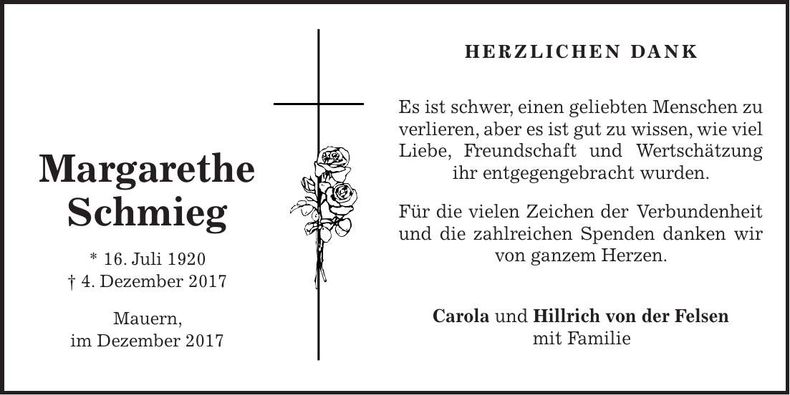Traueranzeige Margarethe Schmieg