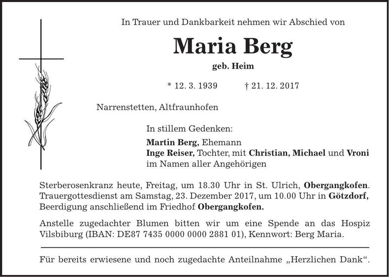 Traueranzeige Maria Berg
