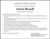 Traueranzeige Anton Brandl