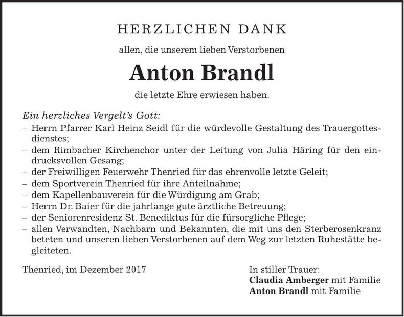Traueranzeige Anton Brandl