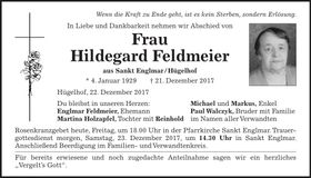 Traueranzeige Feldmeier Hildegard