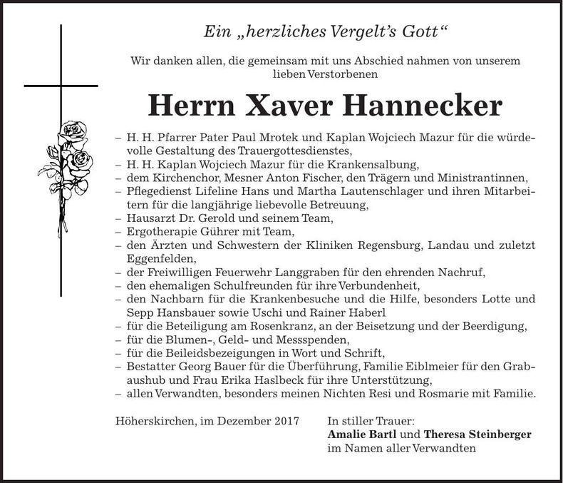 Traueranzeige Xaver Hannecker