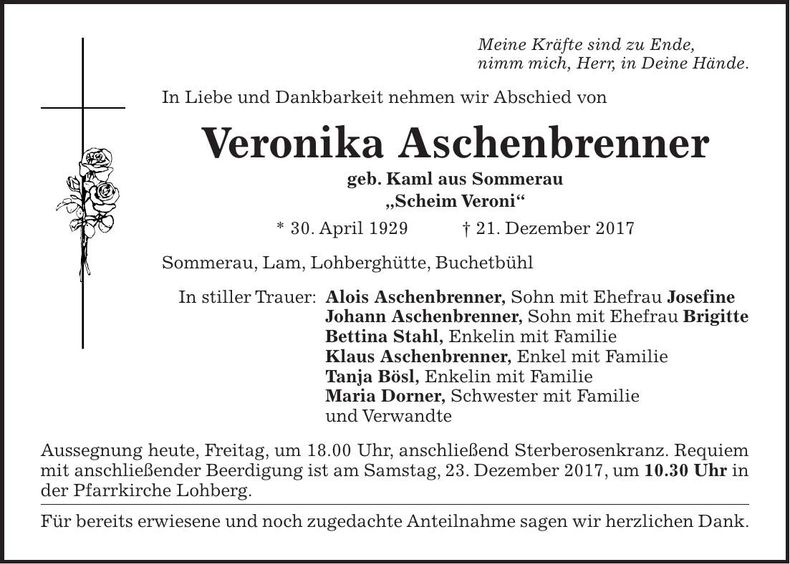 Traueranzeige Veronika Aschenbrenner