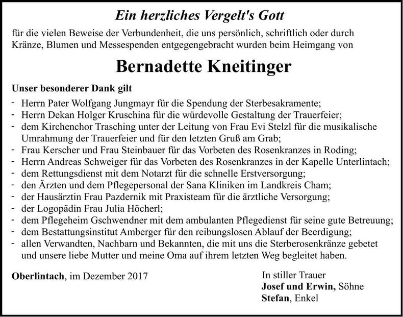 Traueranzeige Bernadette Kneitinger