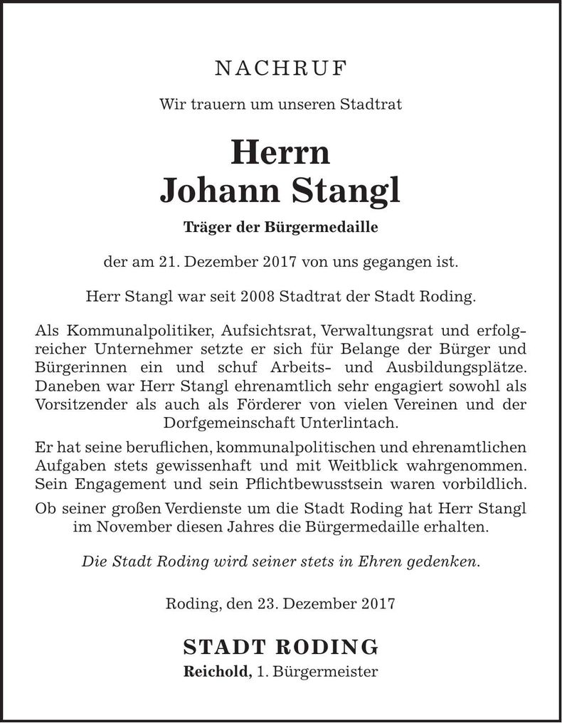 Traueranzeige Johann Stangl