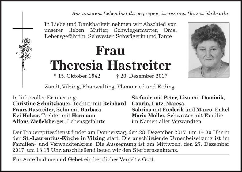 Traueranzeige Theresia Hastreiter