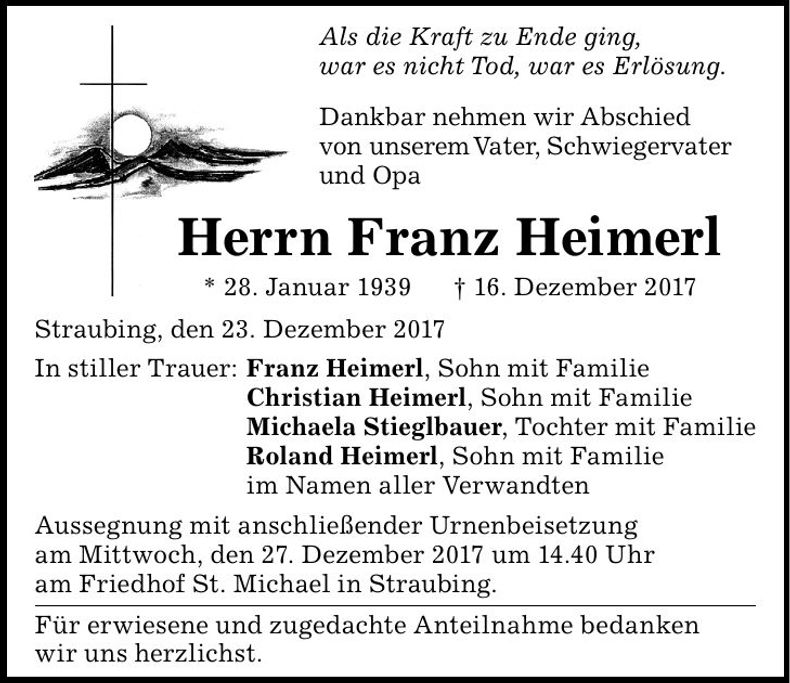 Traueranzeige Franz Heimerl