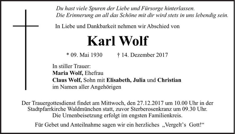 Traueranzeige Karl Wolf