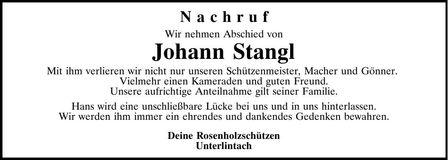 Traueranzeige Johann Stangl