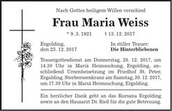 Traueranzeige Maria Weiss