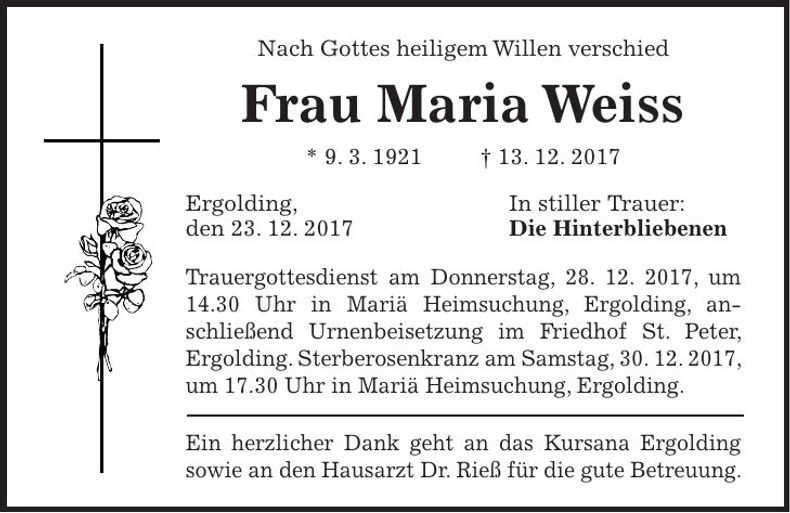 Traueranzeige Maria Weiss