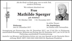 Traueranzeige Mathilde Sperger