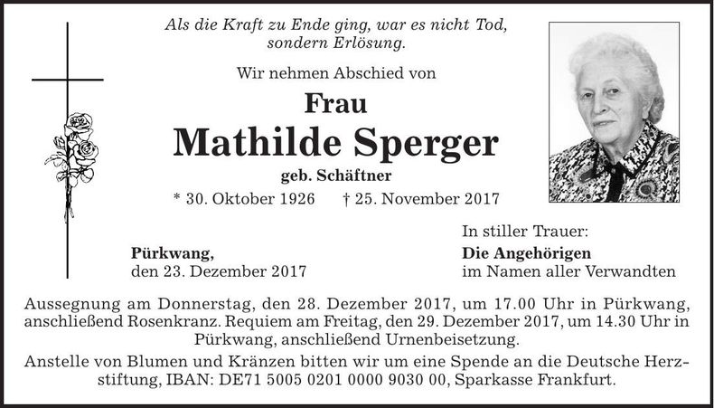 Traueranzeige Mathilde Sperger