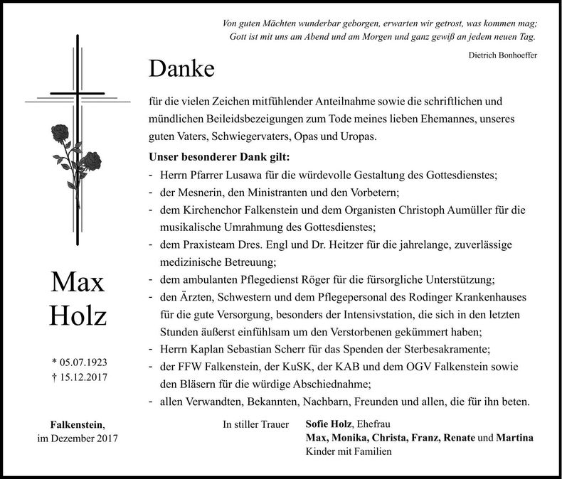 Traueranzeige Max Holz