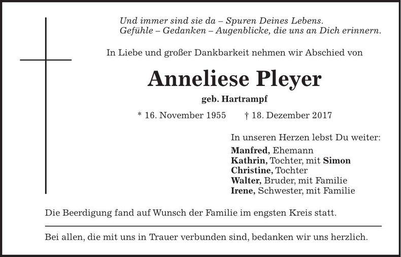 Traueranzeige Anneliese Pleyer