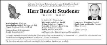 Traueranzeige Rudolf Studener