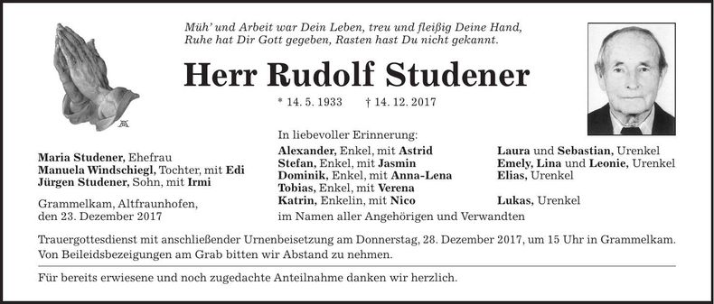 Traueranzeige Rudolf Studener