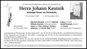 Traueranzeige Johann Kautnik
