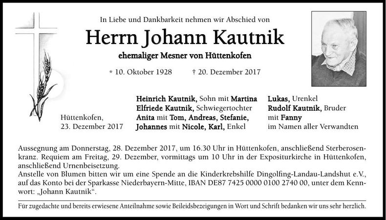 Traueranzeige Johann Kautnik