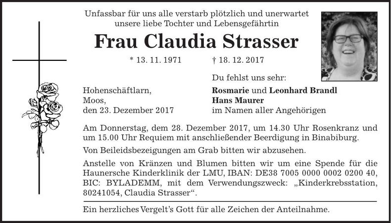 Traueranzeige Claudia Strasser