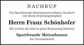 Traueranzeige Franz Schönhofer