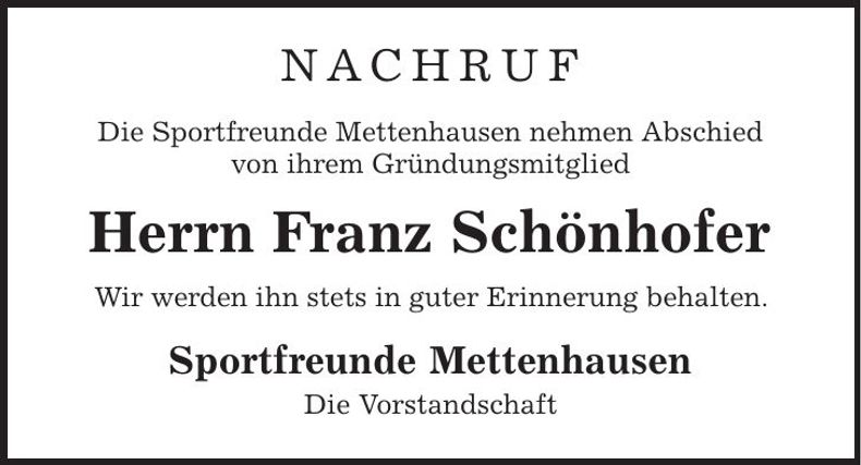 Traueranzeige Franz Schönhofer