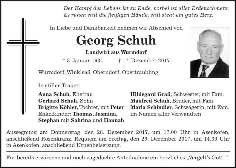 Traueranzeige Georg Schuh