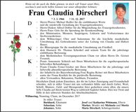 Traueranzeige Claudia Dirscherl