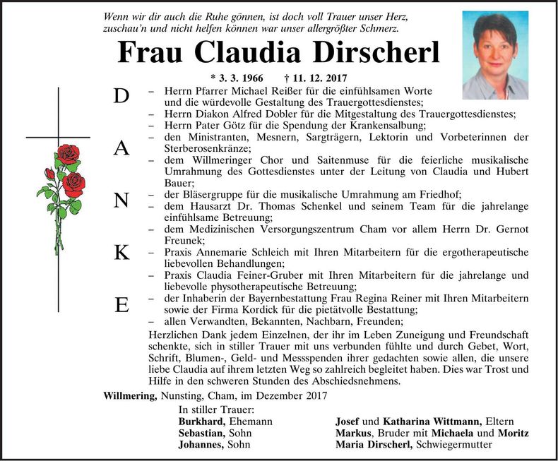 Traueranzeige Claudia Dirscherl