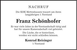 Traueranzeige Franz Schönhofer