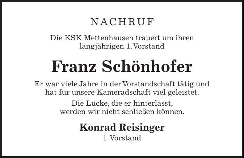 Traueranzeige Franz Schönhofer