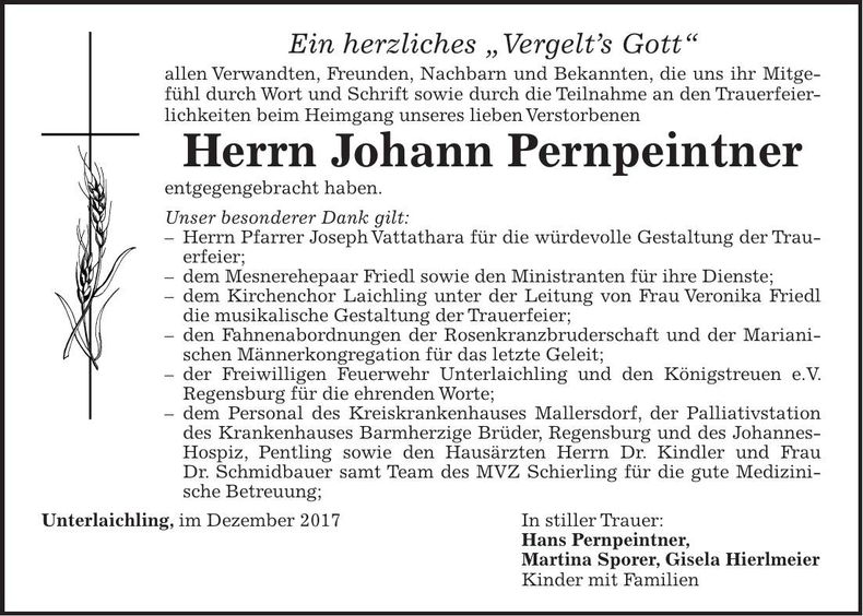 Traueranzeige Johann Pernpeitner