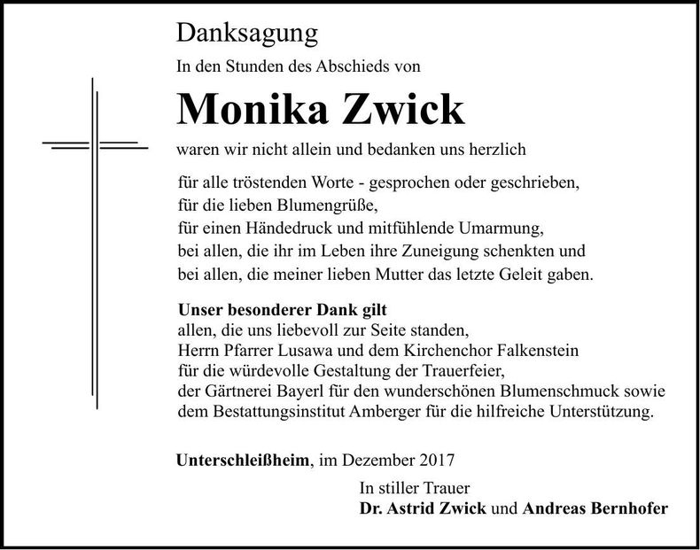 Traueranzeige Monika Zwick