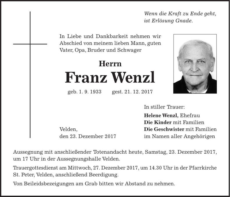 Traueranzeige Franz Wenzl