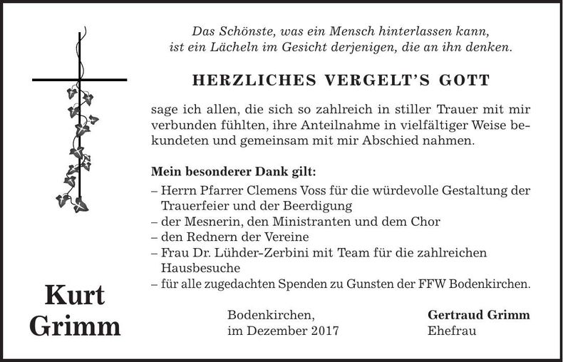 Traueranzeige Kurt Grimm
