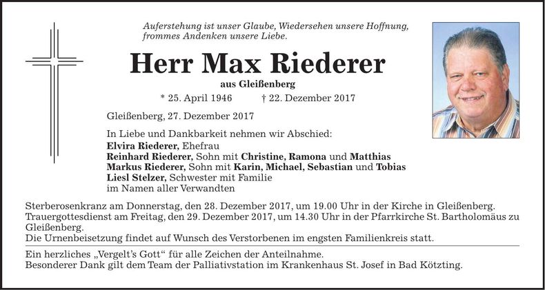 Traueranzeige Max Riederer