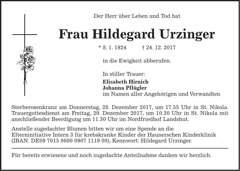 Traueranzeige Hildegard Urzinger