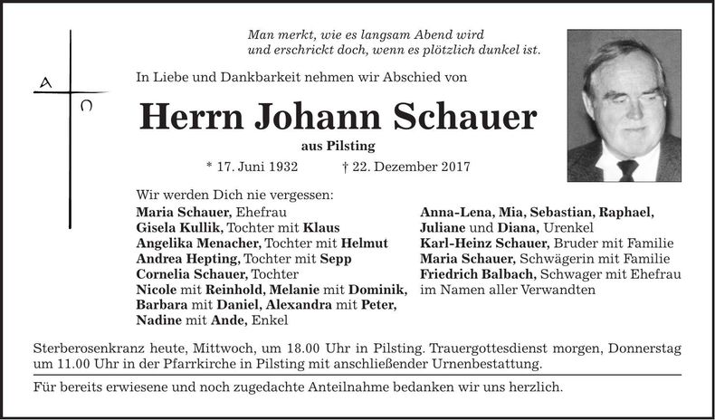 Traueranzeige Johann Schauer