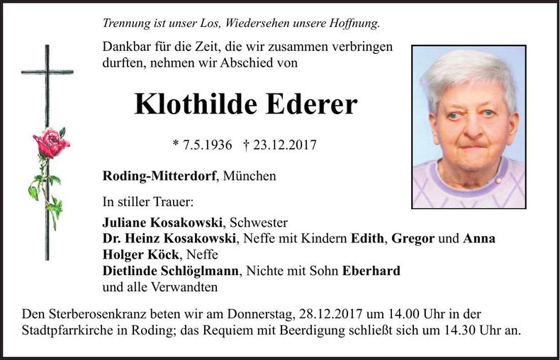 Traueranzeige Klothilde Ederer