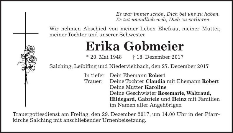 Traueranzeige Erika Gobmeier