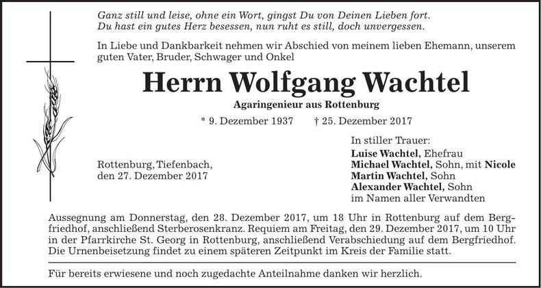 Traueranzeige Wolfgang Wachtel